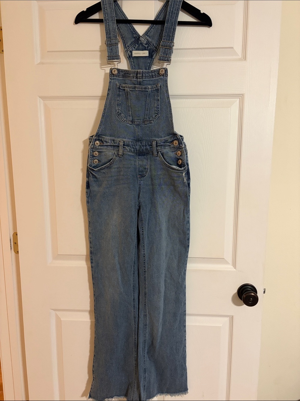Happily Grey Wide Leg Denim Overalls Light Wash Raw Hem Size 0/24